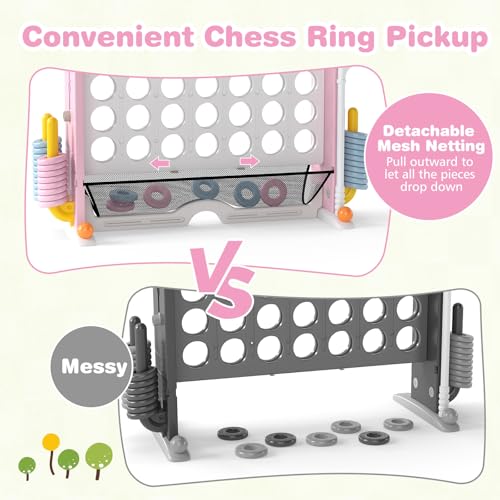 COSTWAY Giant 4 in A Row Connect Game Set, Height Adjust 4-to-Score Game with Mesh, Golf, Ring Toss Sets, Basketball & Cup Holders, Indoor Outdoor Yard Party Game for Kids Adults, Family (Pink) - color: White & Pink