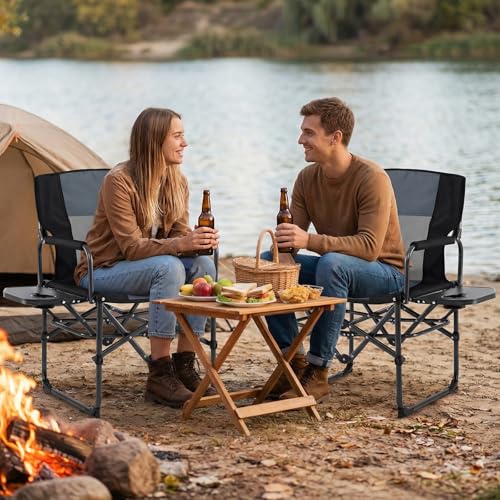 Goplus Folding Camping Chair, 2 Pack Heavy-Duty Director Chair with Side Table & Cup Holder, Portable Padded Chair with Carrying Bag for Picnic Beach Fishing Sports, Supports up to 500 LBS - color: Grey