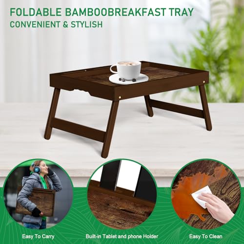 Bamboo Breakfast Tray with Foldable Legs & Detachable Stand | Ergonomic Handle | Portable Bed Tray for Eating, Working, Laptop, Tablet, and Phone（Vintage Walnut） - color: Normal, size: Medium