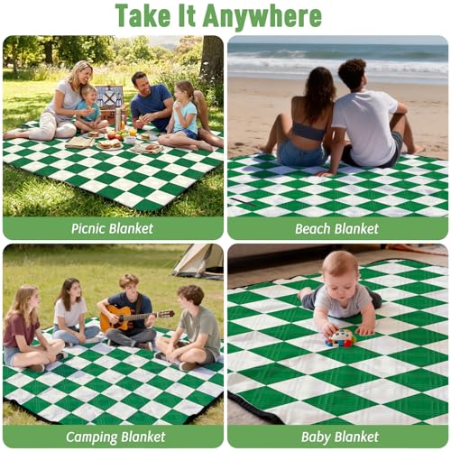 Doonly Picnic Blanket, 78" x 78" Large Waterproof Sandproof Beach Blanket, Foldable Outdoor Blanket Gingham Picnic Mat for Beach, Camping, Park, Grass, Lawn, Travel (Green) - color: Green