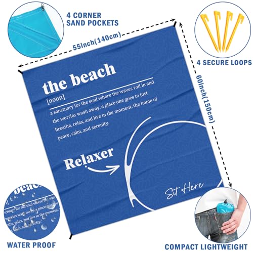 The Beach Pocket Picnic Blankets, Blue Coastal Mini Beach Camping Blanket Waterproof Sandproof, Sea Relaxer RV Outdoor Picnic Blanket Mat Gifts for Camper Campsite Travel Hiking 55x60in - color: The Beach