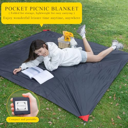 LumiSyne Mini Pocket Picnic Blanket with 4 Fixed Stakes Foldable Portable Picnic Mat Rug Lightweight Waterproof Beach Blanket Multifunctional Thin Ground Sheet for Camping Hiking Travel - color: Black, size: 110 x 145 cm