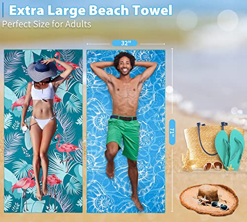 2 Pack Lightweight Thin Beach Towel Oversized 71"x32" Big Extra Large Microfiber Sand Free Towels for Adult Quick Dry Travel Camping Beach Accessories Vacation Essential Gift Blue Shell Flamingo - color: 2 Pack Blue Shell Flamingo