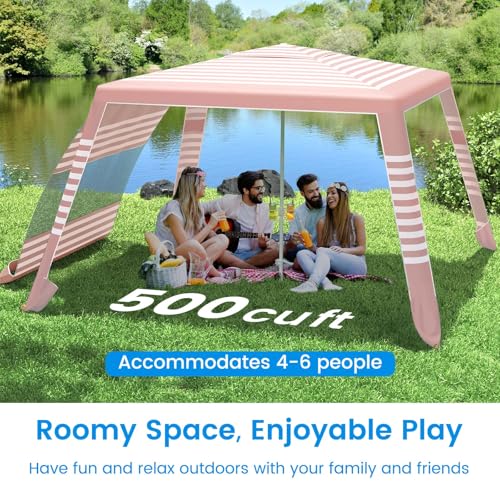 MoKo Beach Cabana, 8'×8' Large Beach Canopy with Side Wall, UPF 50+ Protection Easy Setup Beach Tent Sun Shelter, Adjustable Height Wind Resistant Cabana Beach Tent for Whole Family, Pink Stripe - color: Pink Stripe