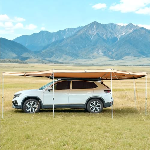 VEVOR 270 Degree Awning with Bulit-in LED Lights, 117 sq.ft Driver Side Vehicle Awning, Waterproof UV50+ Car Side Awnings, All-Weather Free-Standing Overland Awnings Car Shelter for SUV Truck Camping - color: Khaki 270° 18.7*6.4ft Car Awning with LED