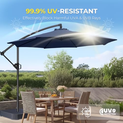 HOMSHADE 10ft Offset Patio Umbrella - w/Base, Cantilever Offset Hanging Patio Outdoor Market Umbrella UPF50+ UV Protection with Easy Tilt and Crank for Pool Deck and Garden(Navy Blue) - color: Navy Blue