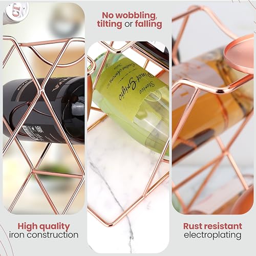 Gusto Nostro Countertop Wine Rack with Glass Holder for 8 Bottles & 4 Glasses, Small Modern Tabletop Wine Rack - No Assembly Wine Holder Stand for Home Kitchen Cabinet Wine Cellar Storage (Rose Gold) - color: Rose Gold, size: 8 Bottles