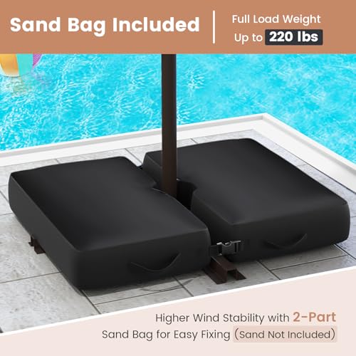 Tangkula 10FT Offset Patio Umbrella with Base Included, Outdoor Cantilever Umbrella with 40 Solar LED Lights, Tilt Adjustment, Crank Handle, Vented Top, Sand Bags for Pool Yard Deck (Gray) - color: Gray