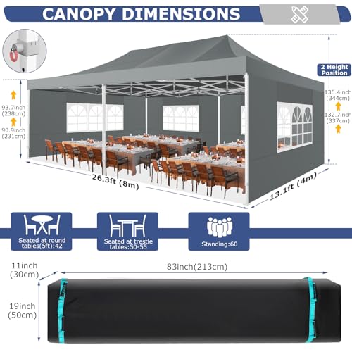 COBIZI 13x26 Heavy Duty Pop Up Canopy Tent with 6 Sidewalls Thicken Frame, Commercial Easy Up Outdoor Wedding Party Tents, All Season Waterproof Windproof with Stakes Sandbags Ropes Roller Bag, Gray - color: Gray, size: 13x26