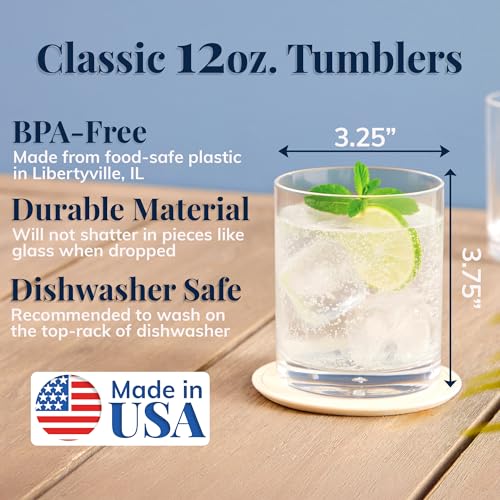 US Acrylic Classic Clear Plastic Reusable Drinking Glasses (Set of 6) 12oz Rocks Cups | BPA-Free Tumblers, Made in USA | Top-Rack Dishwasher Safe - color: Clear, size: Rocks Tumblers