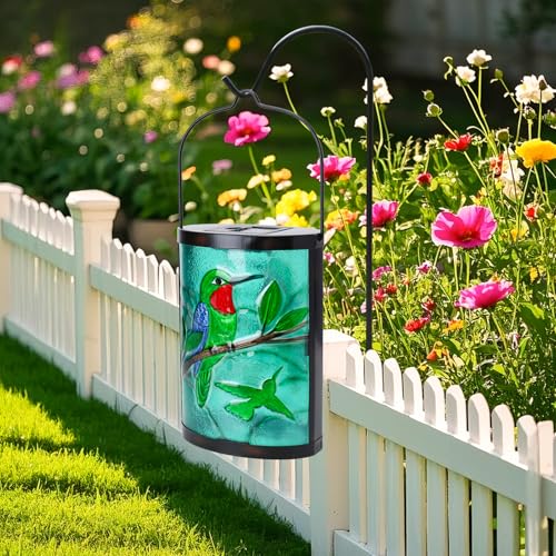 Hanging Solar Lantern Outdoor Waterproof Hummingbird Solar Lights Glass Tabletop Decorative Lamp for Outdoor Patio Garden Outside Yard Decor - style: Green_Hummingbirds