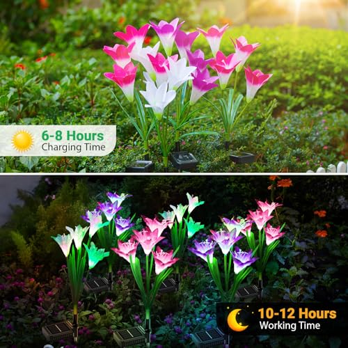 WdtPro Solar Outdoor Lights Garden Decorative 10 Pack, Waterproof Solar Garden Lights with 40 Lily Flowers, Multi-Color Changing Outdoor Solar Lights for Yard Outside Decorations - size: 10