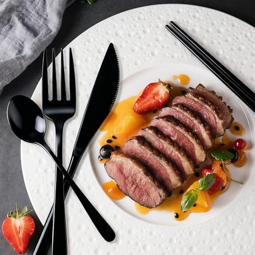 Travel Utensils With Case, 6Pcs Forks Spoons Knife Chopsticks Reusable Cutlery Set, Stainless Steel Flatware Set, Portable Silverware for Camping Picnic Work School, Dishwasher Safe (Black) - color: Black