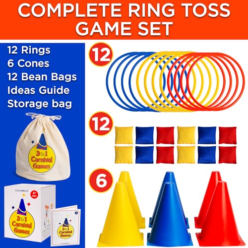 Ring Toss Game, Obstacle Course for Kids 3-5 & Birthday Party Games, Carnival Bean Bags for Tossing Gross Motor Toys for Toddlers 3-5, 12 Rings & 12 Bean Bags, 6 Cones for Kids, PE Equipment