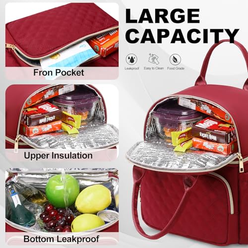 AIJIEKE Large Insulated Lunch Bag for Women, Double Compartment Leakproof Lunch Box for Work Office, Reusable Cooler Tote with Adjustable Strap & Side Pockets for Adults Picnic Beach, Red - color: Red