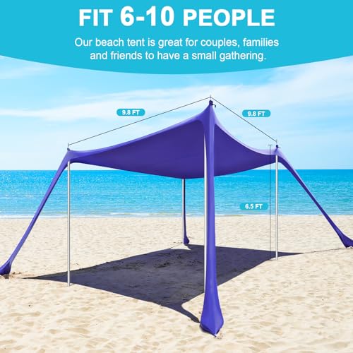 Beach Tent - 10 x 10 FT Beach Canopy, Outdoor Beach Shade Canopy for Beach Camping Picnics, Portable Beach Tent Sun Shelter UPF50 with 4 Sandbags, Ground Pegs,Anti-Wind Ropes, and Stability Poles - style: Royal Blue-10*10 FT 4 Pole