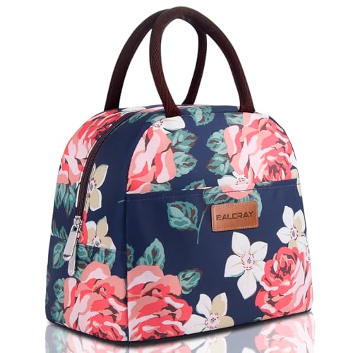BALORAY Lunch Bag for Women Men Cute Reusable Insulated Lunch Box Large Capacity Lunch Tote Bag for Work, Picnic or Travel(Blue With Big Flower) - color: Blue Big Pink Flower, size: M
