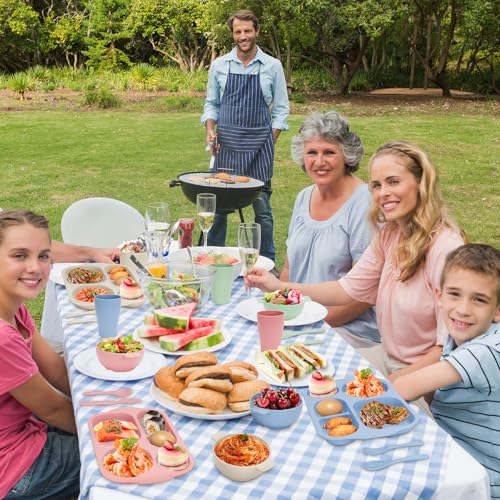Unbreakable Dinnerware Sets for 4 People,24pcs Divided Plates and Bowls, Reusable Dinnerware Plastic Plates, Cups, Bowls, Cutlery Set for School Party, Camping, Home, Office - color: Pink