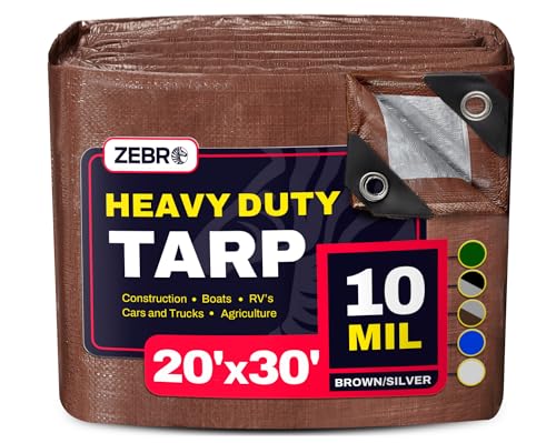 20' x 30' Brown/Silver Heavy Duty Tarp with Grommets Reinforced - 10 Mil Thick - Double Sided Plastic Waterproof Tarps - Large Tarpaulin Cover for Outdoor Camping Tent Tarp RV Roof Rain - Zebro - color: Brown/Silver, size: 20' x 30'