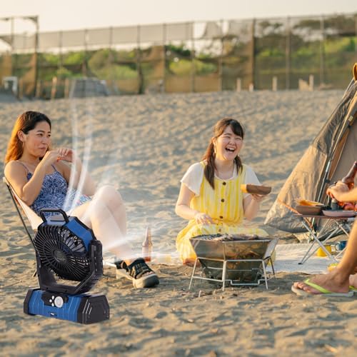 Portable Fan Battery Powered,20000mAh Rechargeable Camping Fan Battery Operated with LED Lantern,Auto-Oscillating USB Personal Cordless Battery Fans Portable Tent Travel & Hanging Hook (Blue) - color: Blue
