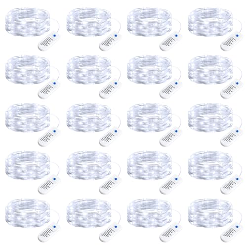 Minetom 20 Pack Fairy Lights Battery Operated String Lights 8 Modes, 7ft 20LED White Waterproof Silver Wire Twinkle Lights, Firefly Starry Moon Lights for Mason Jars DIY Christmas Wedding Party - color: White, size: 20 Pack