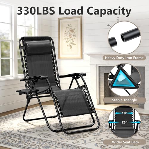 2 Pack Zero Gravity Chair, Adjustable Lounge Chair, Outdoor Recliner, Folding Anti Gravity Lounge Chairs, Lawn Chairs Reclining with Pillow & Cup Holder for Pool Camping Sunbathing Beach Patio (Black) - color: Jet Black, size: 2pcs