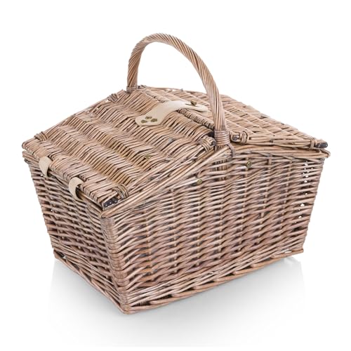 Picnic TIME Piccadilly Picnic Basket for 2, Romantic Vintage English-Style Wooden Basket, Complete Deluxe Service for Two with Fully-Lined Interior and Double-lid Design, (Natural Canvas) - color: Natural Canvas