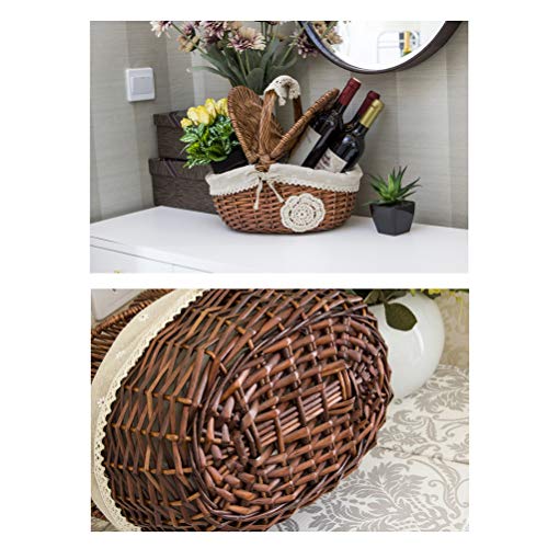 Walfront Traditional Brown Wicker + Linen Picnic Basket 26 * 18 * 16cm Handle Height 30cm with Insulated Lining and Cutlery Set
