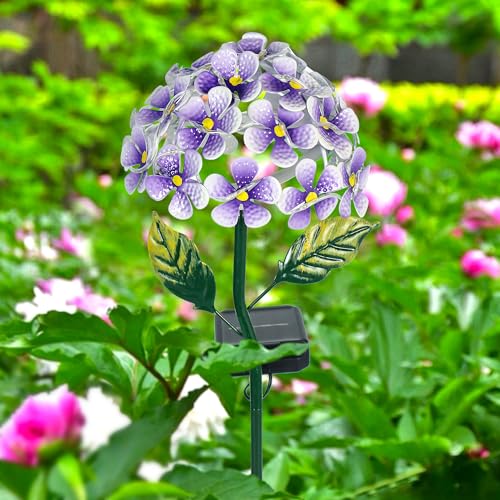 Solar Hydrangea w/26 LEDs, Metal Ground Stake, 3 Colors, Outdoor Flower Stake Decorations (Purple) - color: Purple