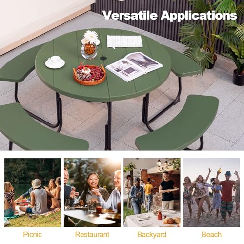 Tangkula 8 Person Picnic Table, Outdoor Round Picnic Table with 4 Built-in Benches, Umbrella Hole, Metal Frame & HDPE Tabletop, Outside Table and Bench Set for Backyard, 2300lbs Weight Capacity - color: Green