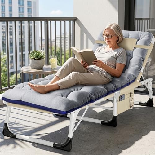 ABORON 4-in-1 Lounge Chair with Face & Arm Holes for Tanning, 440LB Heavy-Duty Folding Recliner with Plush Cotton Cushion, No Assembly Tri-Fold Guest Bed for Sunbathing, Poolside, Office Nap & Camping - color: Beige Khaki Standard