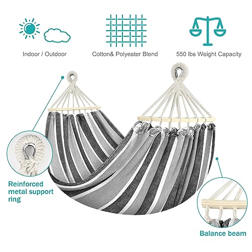 MOSFiATA Hammocks Portable Camping Hammock Upgraded 550lb Comfortable Fabric Hammock with Two Anti Roll Balance Beam and Sturdy Tree Straps for Camping, Patio, Backyard, Outdoor（Grey） - color: Grey