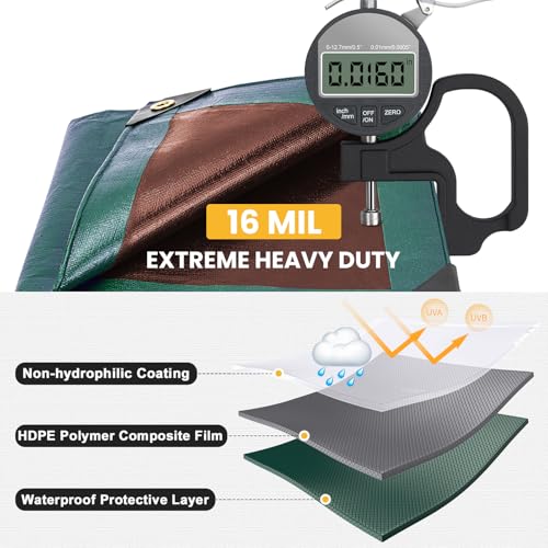 Winpull Tarp 8x10 Feet 16 Mil Heavy Duty Waterproof Tarp, Large Multipurpose Cover with Brass Grommets and Reinforced Edges, UV Resistant Thick Poly Tarps for Outdoor Camping Tent Pool Car, Green - color: Green/Brown-16mil, size: 8' x 10'