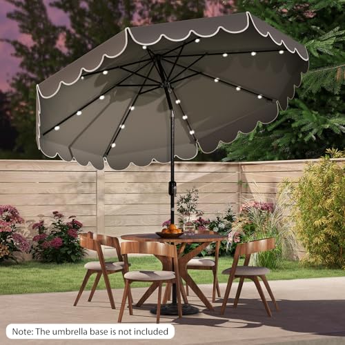 Tangkula 10FT Solar LED Patio Umbrella, 2-Tiers Scalloped Outdoor Table Market Umbrella with 24 LED Lights, Vented Top, Tilt Adjustment, Crank, 8 Ribs for Backyard Poolside Deck Beach Lawn (Gray) - color: Gray, size: 10Ft
