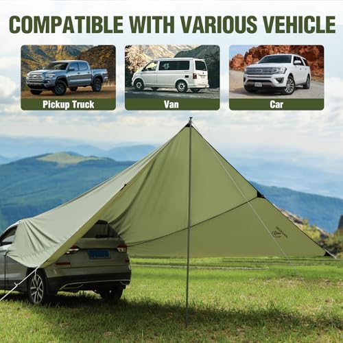 REDCAMP Large 19ft x17ft Car Awning for SUV with 2 Tarp Poles & 2 Suction Cup Hooks, Waterproof UV Protection Sun Shade Vehicle Awning Shelter Tarp for Camping, Truck, Van, Tailgate Canopy