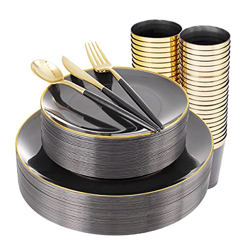 Supernal 180PCS Black and Gold Plastic Dinnerware Set - Black Plastic Plates with Disposable Silverware Include 30 Dinner / 30 Dessert Plates, 30 Forks,30 Knives,30 Spoons & 30 Cups for Party&New Year - color: 180pcs Black and Gold Dinnerware Set
