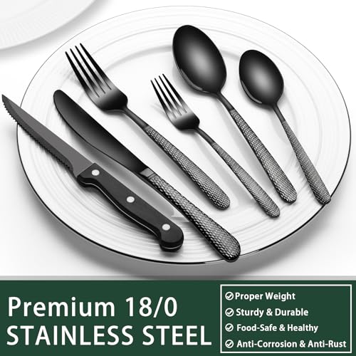 EWFEN 24-Piece Black Silverware Set with Steak Knives, Black Flatware Set for 4, Food-Grade Stainless Steel Tableware Cutlery Set, Mirror Finished Utensil Sets for Home Restaurant, Round Hammered - style: Round Hammered