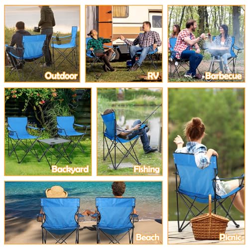 HaSteeL Folding Camping Chair Set of 3, Foldable Blue Camp Chairs & Grey Table, Large Lawn Chair Portable for Adults Hiking, Fishing, Picnic, Outdoor BBQ, Travel, Sports, Cup Holders & Storage Bags - color: Blue Chairs