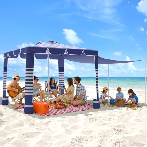 MoKo Beach Cabana,120 Sq. Ft. Large Beach Canopy Tent Sun Shade, UPF 50+ Protection Easy Setup Beach Tent, Adjustable Height Wind Resistant Cabana Sun Shelter for Whole Family, Navy Stripes