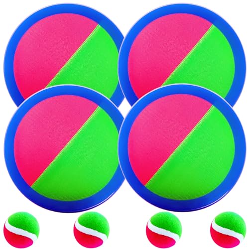 AppleRound Toss and Catch Velcro Ball Set (Hook and Loop), Kids Outdoor Games, Beach Toys, Backyard Sports, Paddle Ball Games (Pack of 4 Paddles and 4 Balls) - color: Red Green Dual-color, size: 4 Paddles & 4 Balls