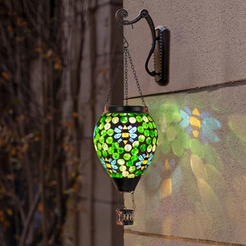Bee Solar Hot Air Balloon Lantern Outdoor Waterproof, Green Mosaic Glass Hanging Solar Lantern Lights, Outdoor Hanging Lights for Patio Yard Garden Gift for Mom Grandma Women - color: A_Green Bees