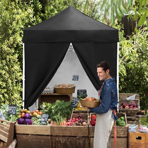 EAGLE PEAK 5x5 Instant Canopy with 4-Side Wall Panels, Small Pop up Portable Canopy Tent with Carry Bag, Light Weight Sun Shelter for Sports, Camping and Beach, Black - color: Black