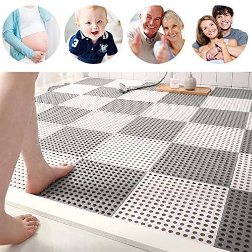 12 Pack 11.8" x 11.8" Interlocking Floor Tiles with Drain Holes Soft PVC Non Slip Shower Floor Mat Rubber Flooring Drainag Mat for Pool, Patio, Balcony, Kennel, Poultry, Dog, Grey&White - color: White+grey