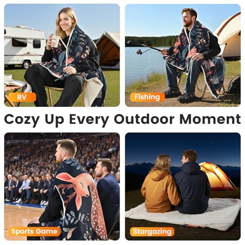 WOOMER Wearable Heated Blanket Battery Operated 50x70 Inches, 15000mAh Cordless Rechargeable Electric Throw Blanket with 3 Heat Settings, Waterproof Portable Heating Blanket for Outdoor Camping Travel