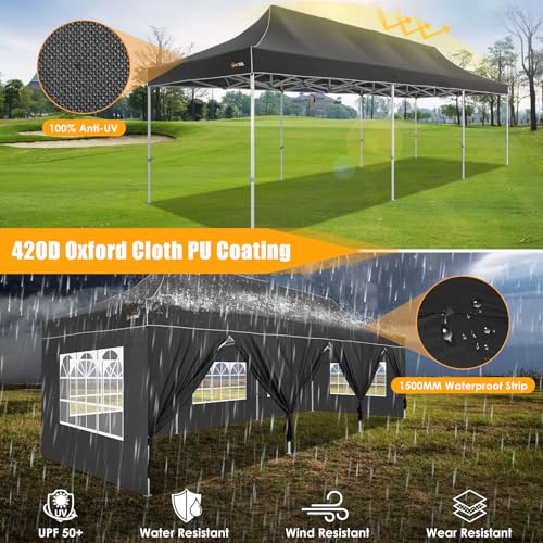 HOTEEL Tents for Parties 10x30 Pop Up Canopy Tent Heavy Duty with 8 Sidewalls, Commercial Party Tent Event Wedding Instant Canopy Waterproof with Carry Bag, UV 50+, Thicked Hexagonal Legs, Black - color: Black, size: 10x30FT (+8 Walls)