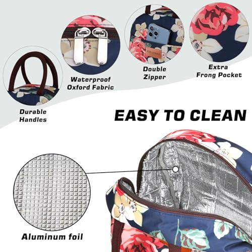BALORAY Lunch Bag for Women Men Cute Reusable Insulated Lunch Box Large Capacity Lunch Tote Bag for Work, Picnic or Travel(Blue With Big Flower) - color: Blue Big Pink Flower, size: M