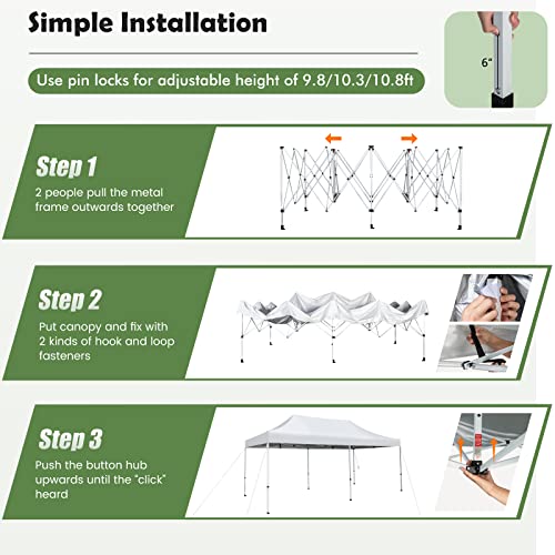 Tangkula 10x20 Ft Pop Up Canopy, UPF 50+ Easy Setup Instant Canopy Tent with 1-Push Center Lock, Wheeled Bag, 8 Stakes, 4 Ropes, Outdoor Commercial Sun Shelter Tent for Camping, Travel, Picnic - color: White, size: 10x20FT