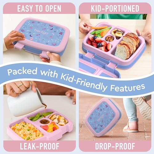 Bentgo Kids Prints Leak-Proof, 5-Compartment Bento-Style Kids Lunch Box - Ideal Portion Sizes for Ages 3-7, Durable, Drop-Proof, Dishwasher Safe, & PFAS & BPA-Free Materials (Lavender Galaxy) - color: Lavender Galaxy