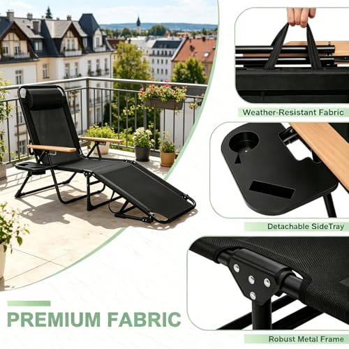 Folding Lounge Chair with Canopy, Tanning Chair with 4-Position Reclining Back, Folding Sun Lounger, Outdoor Lounge Chair for Beach, Poolside, Backyard, Camping, UPF 50+ Sun Shade, 300 LBS - color: Black With Sun Protection