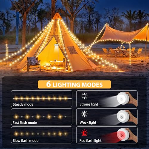 Camping String Lights, 4 in 1 Quick Storage Camping Essentials Gear 32.8FT Rechargeable Tent Lights with 6 Modes Hanging Waterproof LED Camp Lamp for Camping Hiking Patio Garden Festival-Warm White - color: Warm White, size: 1PACK